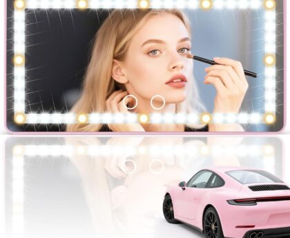 SINGARO Car Sun Visor Vanity Mirror – Rechargeable Makeup Mirror with 60 LEDs, 3 Light Modes & Dimmable Touch Control for Cars, Trucks, SUVs, Car Interior Accessories for Women (Pink)
