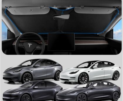 Spigen Front Windshield Sunshade for All Tesla Model Y & 3 | Dual Layered Protection Car Accessories for Model Y Juniper and Model 3 Highland | Gift for Tesla Owner