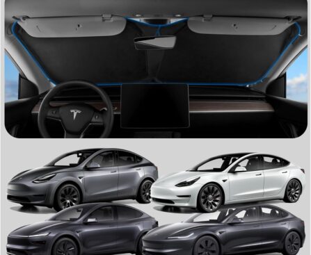 Spigen Front Windshield Sunshade for All Tesla Model Y & 3 | Dual Layered Protection Car Accessories for Model Y Juniper and Model 3 Highland | Gift for Tesla Owner