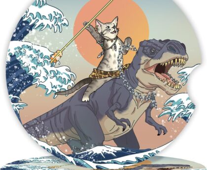 Car Coasters Pack of 2,Absorbent Ceramic Car Coasters Set for Women/Men,Drink Cup Holder Coasters,with A Finger Notch for Easy Removal(Cat and Dinosaur)