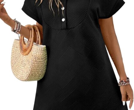 Acelitt Summer Lapel Collared Dresses for Women 2025 Batwing Short Sleeve Mini Dress Beach Sundress