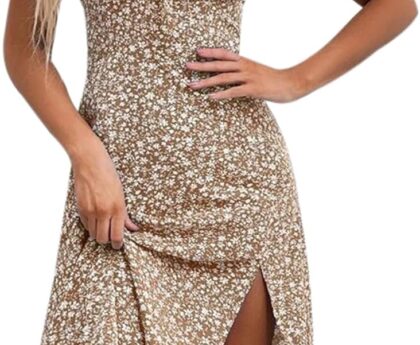 SPRIME Women’s Floral Summer Casual Dress Square Neck Puff Sleeve Boho Midi Dresses Ruched Bust High Waist Split Long Dress