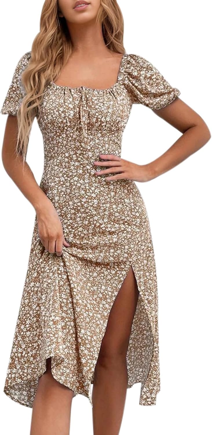 SPRIME Women’s Floral Summer Casual Dress Square Neck Puff Sleeve Boho Midi Dresses Ruched Bust High Waist Split Long Dress