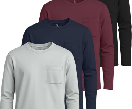 Real Essentials 4 Pack: Boys’ Cotton Jersey Long Sleeve T-Shirt with Pocket – Kids Teens Youth Crew Neck Tee Top (Ages 4-16)