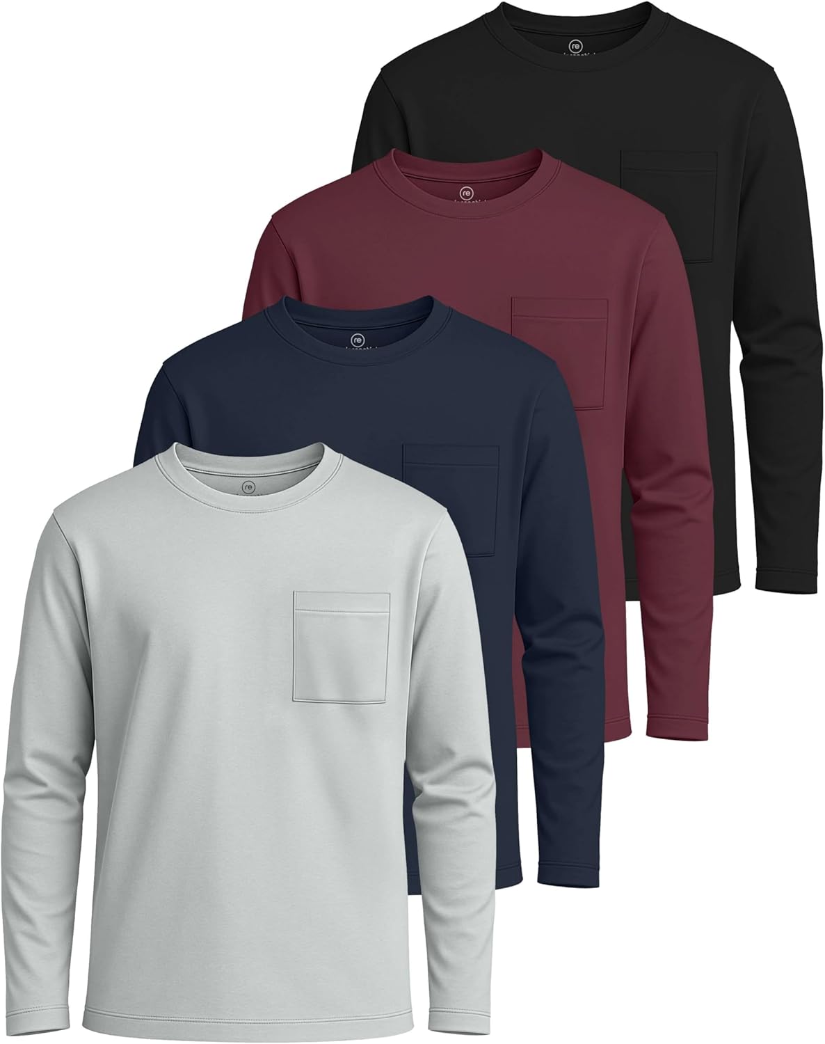 Real Essentials 4 Pack: Boys’ Cotton Jersey Long Sleeve T-Shirt with Pocket – Kids Teens Youth Crew Neck Tee Top (Ages 4-16)