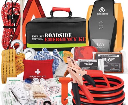 Everlit Survival Car Emergency Kit, Roadside Safety Tool Kit with Gloves,Digital Auto Air Compressor Tire Inflator, First Aid Kit, 12 Feet Jumper Cable, Tow Strap, Flashlight for Women, Men, Teenagers