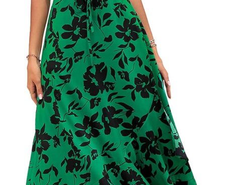 PRETTYGARDEN Women’s Summer Maxi Dress Casual Wrap Floral Boho Short Sleeve V Neck Split Ruffle Beach Long Dresses