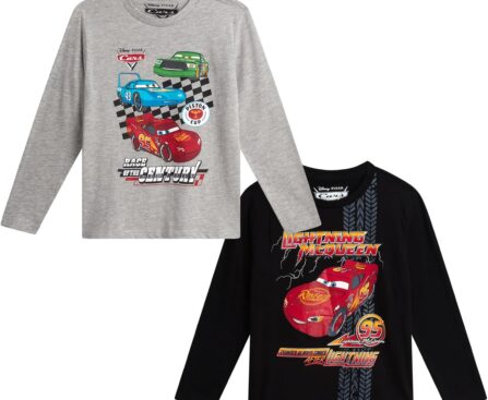 Disney Cars Lightning McQueen Boys Shirts – 2 Pack Long Sleeve or Short Sleeve Graphic Boys Tees for Toddler & Little Boy