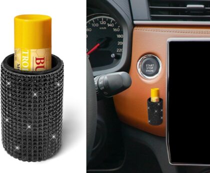 1 Pack Upright Car Chapstick Holder, Bling Insulating Lip Balm Holder,Rhinestone Car Accessories for Women Interior,Suitable for Most Vehicles.(Black)