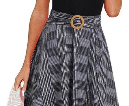 Women’s Elegant Criss-Cross V Neck Vintage Short Sleeve Work Casual Fit and Flare Tea Dress with Pockets 980