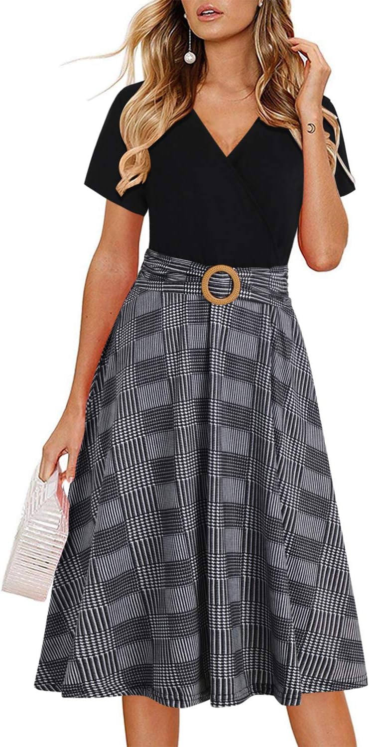 Women’s Elegant Criss-Cross V Neck Vintage Short Sleeve Work Casual Fit and Flare Tea Dress with Pockets 980
