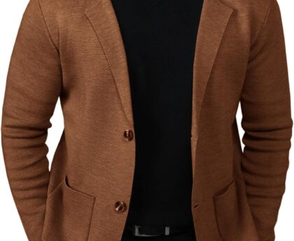 Mens Cardigan Sweater Knit Blazer Suit Jacket Casual Two Button Lightweight Sport Coat with Pockets