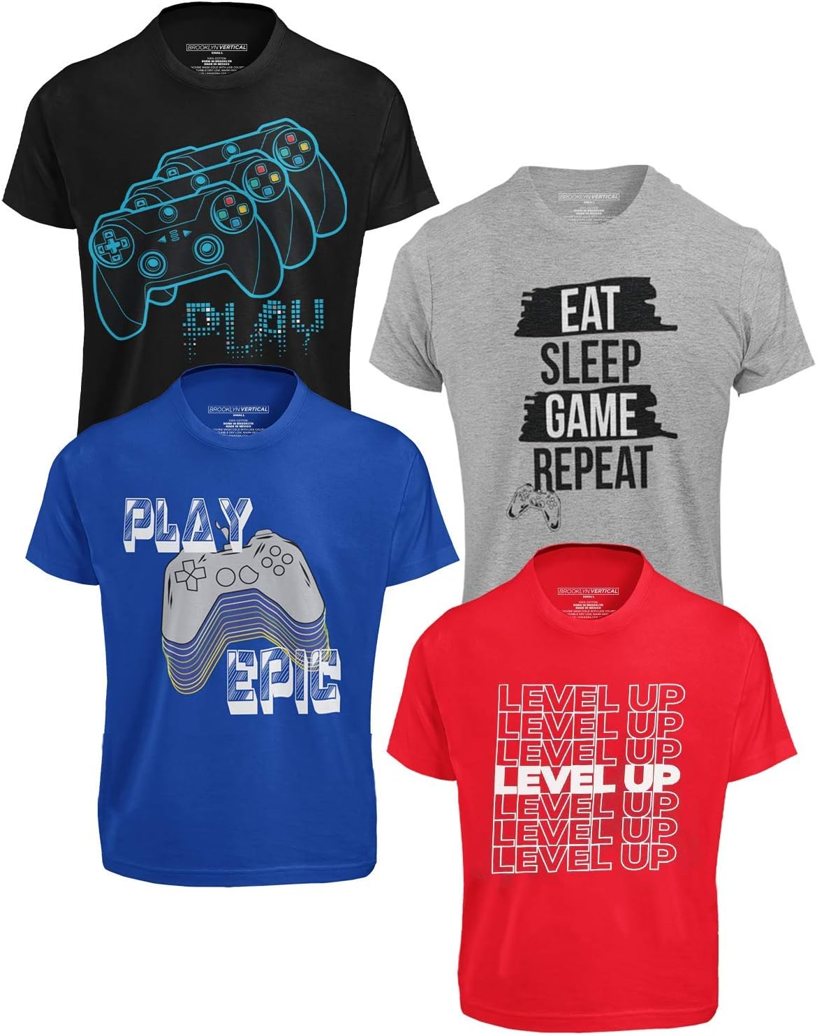 BROOKLYN VERTICAL 4-Pack Boys Short Sleeve Crew Neck T-Shirt with Chest Print | Soft Cotton Sizes 6-20