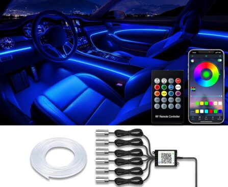 Car LED Strip Lights, USB Interior Ambient Lighting Kits with Wireless APP and RF Remote Control, 16 Million Colors Music Mode Car Decoration Lights with 315 inches 3.0mm Fiber Optic (6 in 1)