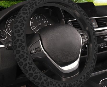 Black Leopard Print Cheetah Elastic Steering Wheel Cover, Non-Slip Breathable Neoprene Steering Wheel Covers, Women Leopard Car Accessories, Universal 15 Inch Fit Auto, Suvs, Truck