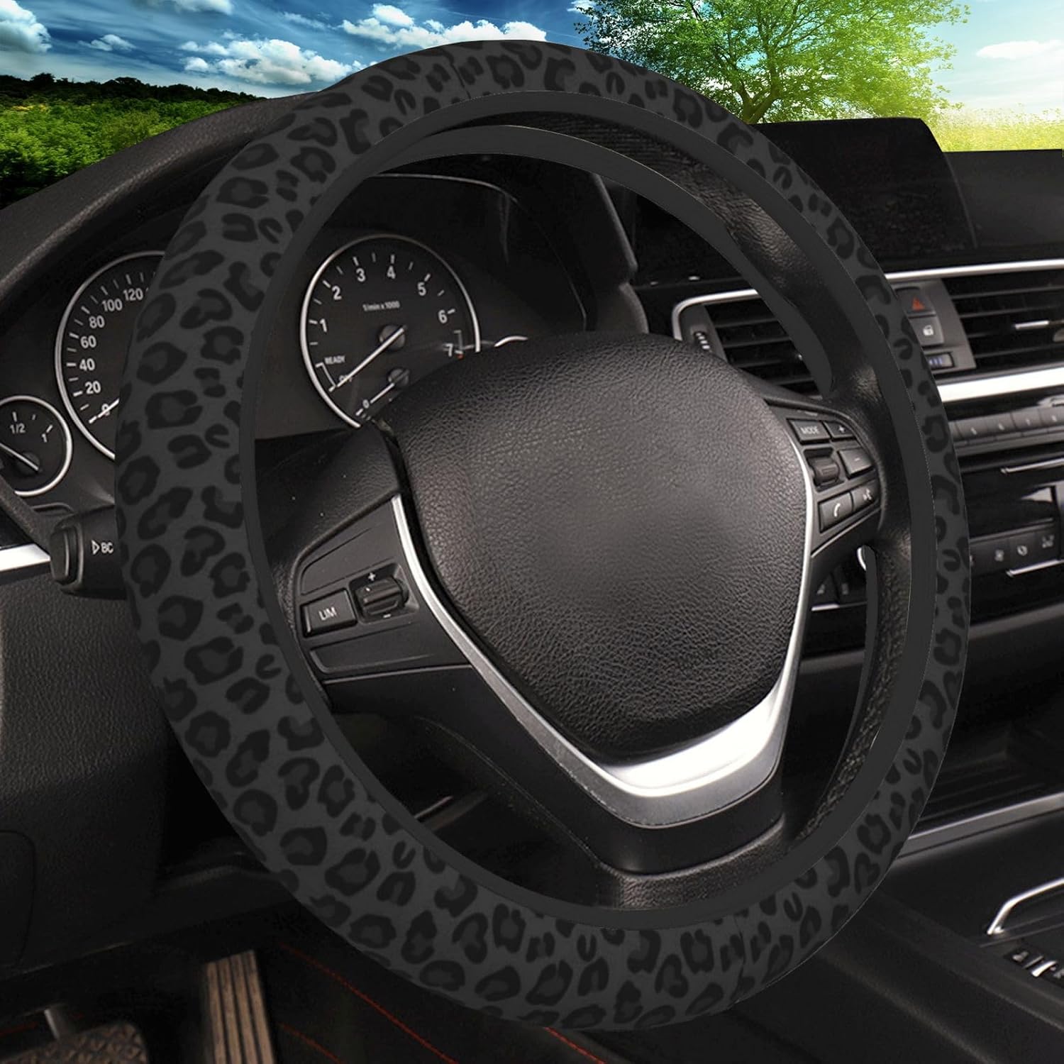Black Leopard Print Cheetah Elastic Steering Wheel Cover, Non-Slip Breathable Neoprene Steering Wheel Covers, Women Leopard Car Accessories, Universal 15 Inch Fit Auto, Suvs, Truck