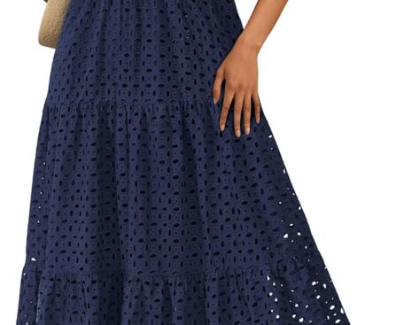 PRETTYGARDEN Womens 2025 Summer Maxi Dress Short Sleeve V Neck Hollow Out Eyelet A Line Long Flowy Beach Vacation Dresses