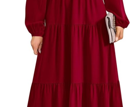 PRETTYGARDEN Fall Dresses for Women 2025 Casual Long Sleeve V Neck Smocked A Line Long Flowy Wedding Guest Dress