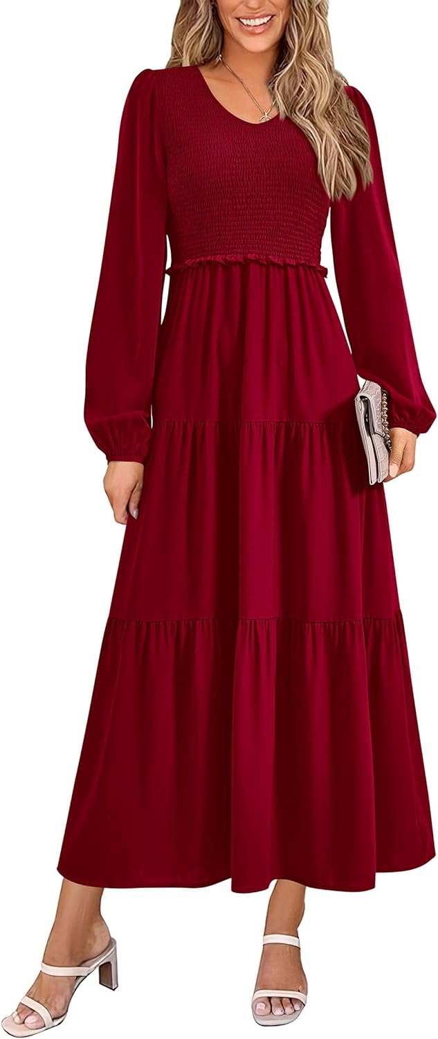 PRETTYGARDEN Fall Dresses for Women 2025 Casual Long Sleeve V Neck Smocked A Line Long Flowy Wedding Guest Dress