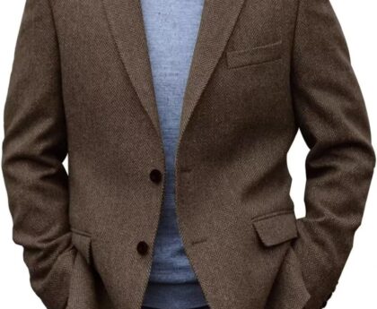 Men’s Tweed Blazer Jacket 2 Button Lightweight Herringbone Casual Sport Coat Wedding Groomsmen Prom Jackets