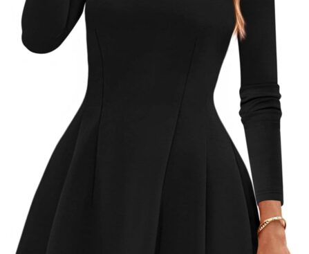 PRETTYGARDEN Long Sleeve Mini Dress for Women 2025 Fall Crewneck Knit Pleated Babydoll A Line Soft Casual Short Party Dresses