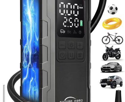 Tire Inflator Portable Air Compressor – 150PSI Cordless Portable Air Pump for Car Tires with Pressure Gauge & LED Lights – 3X Faster Tire Pump for Car, Motorcycle, Balls and Bicycle, Black