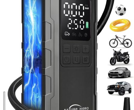 Tire Inflator Portable Air Compressor – 150PSI Cordless Portable Air Pump for Car Tires with Pressure Gauge & LED Lights – 3X Faster Tire Pump for Car, Motorcycle, Balls and Bicycle, Black