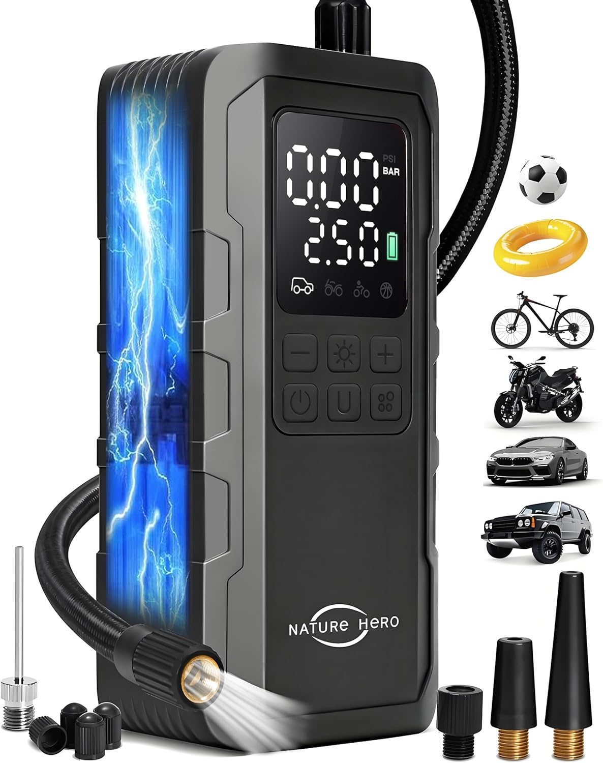 Tire Inflator Portable Air Compressor – 150PSI Cordless Portable Air Pump for Car Tires with Pressure Gauge & LED Lights – 3X Faster Tire Pump for Car, Motorcycle, Balls and Bicycle, Black