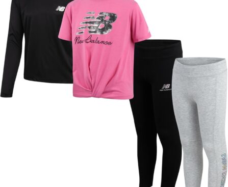 New Balance Active Girls Legging Set – 4 Piece Athletic Short Sleeve Shirt, Long Sleeve Shirt & Activewear Girls Leggings Set