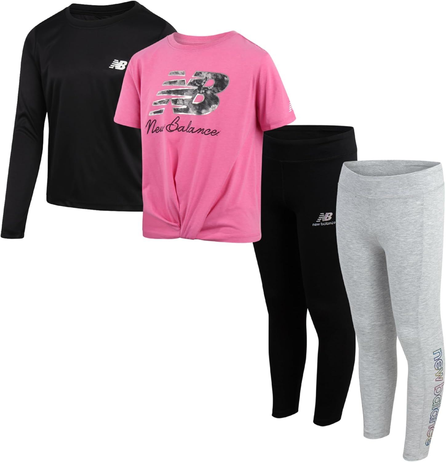 New Balance Active Girls Legging Set – 4 Piece Athletic Short Sleeve Shirt, Long Sleeve Shirt & Activewear Girls Leggings Set