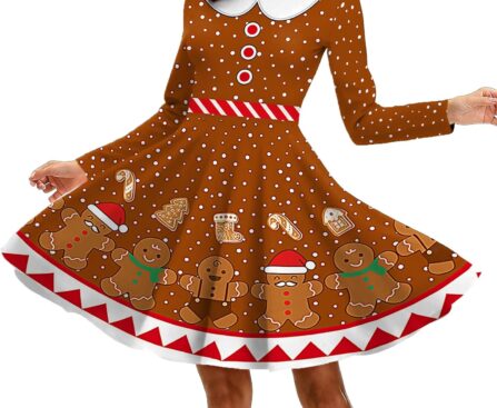 PECHAR Christmas Dresses for Women Casual Swing Christmas Dress Xmas Print Holiday Long Sleeve Dress