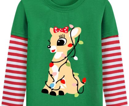 Toddler Girl Christmas T-Shirt Kid Xmas Ugly Reindeer Santa Claus Snowman Shirt Long Sleeve Strip Patchwork Cooton Tee Top