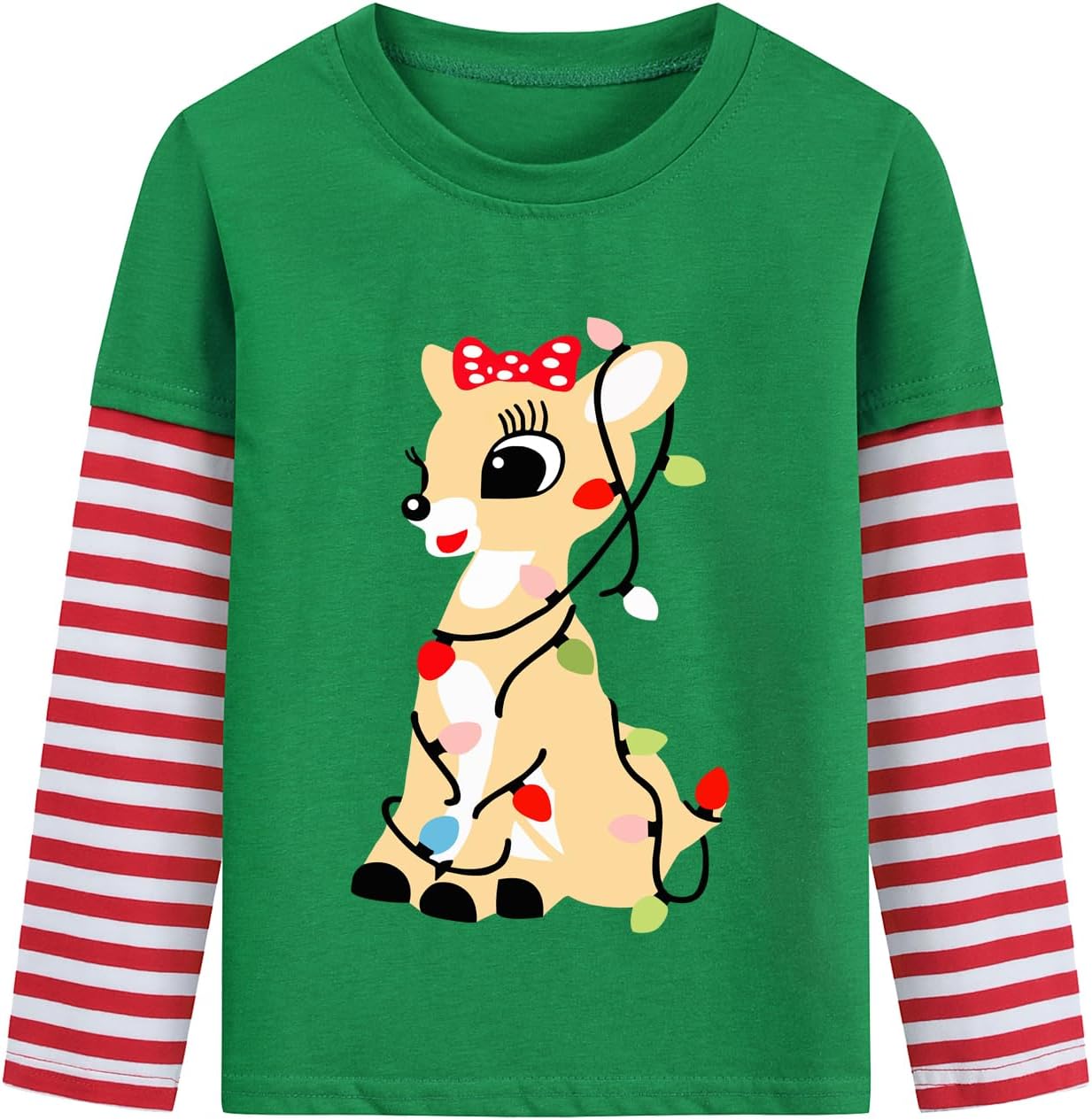 Toddler Girl Christmas T-Shirt Kid Xmas Ugly Reindeer Santa Claus Snowman Shirt Long Sleeve Strip Patchwork Cooton Tee Top