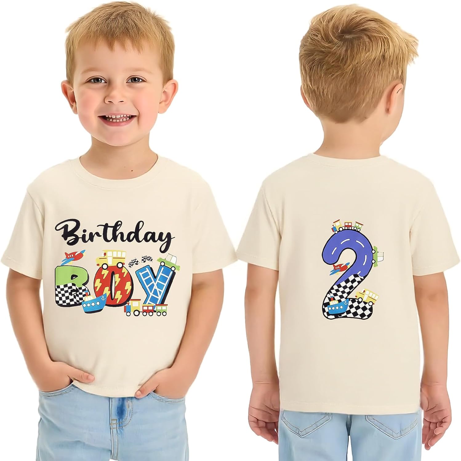 UNICOMIDEA Birthday Shirts Boy Cotton Front Cartoon Back Number Printed T-Shirt for 2-5 Years