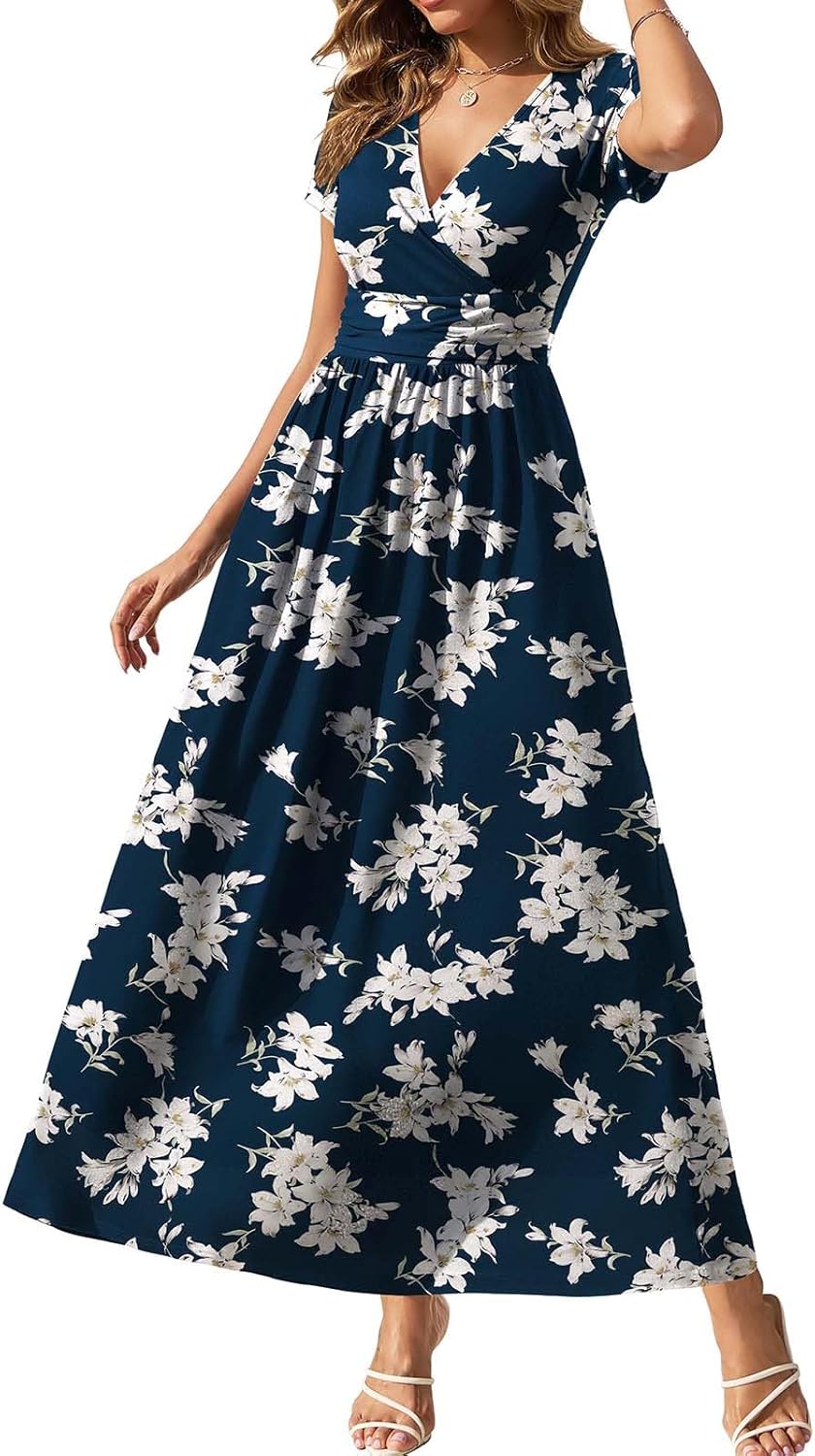 Gracyoga Women’s Summer Dresses 2025 Short Sleeve Maxi Dress Casual V Neck Flowy Sundress with Pockets