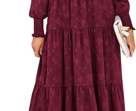 PRETTYGARDEN Women’s Fall Spring Midi Dress Long Sleeve Floral Smocked Elegant Wedding Guest Long Flowy Dresses with Pockets