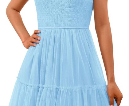 PRETTYGARDEN Womens 2025 Trendy Mini Summer Dresses Sleeveless Tulle Ruffle Square Neck Tiered Smocked Beach Vacation Dress