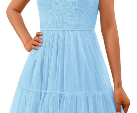 PRETTYGARDEN Womens 2025 Trendy Mini Summer Dresses Sleeveless Tulle Ruffle Square Neck Tiered Smocked Beach Vacation Dress