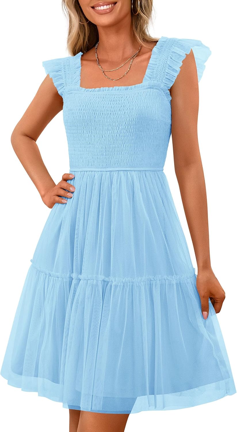 PRETTYGARDEN Womens 2025 Trendy Mini Summer Dresses Sleeveless Tulle Ruffle Square Neck Tiered Smocked Beach Vacation Dress