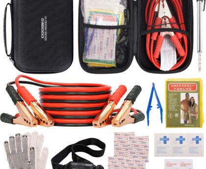 Car Emergency Kit with Battery Jumper Cables,Car Accessories for Men or Women,Emergency Car Kit,Roadside Automotive Safety Kit for Car,Vehicle,Truck or SUV,Gifts for Men or Him,Black