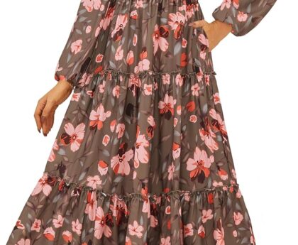 GRACE KARIN Women Floral Maxi Dress,2025 Fall Long Sleeve Casual Dresses,V Neck Boho Flowy Elegant Dress with Pockets