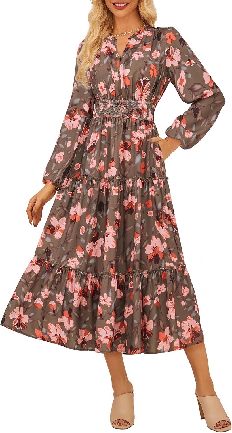 GRACE KARIN Women Floral Maxi Dress,2025 Fall Long Sleeve Casual Dresses,V Neck Boho Flowy Elegant Dress with Pockets