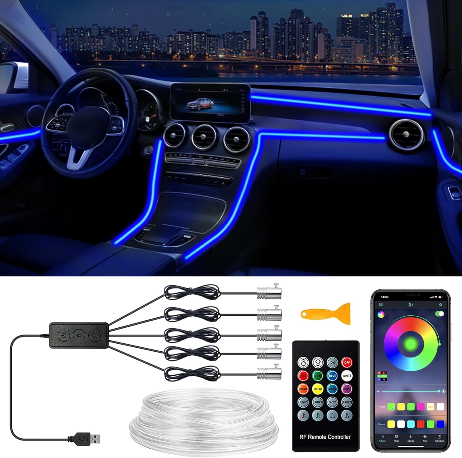 Interior Car LED Strip Lights, RGB 5 in 1 Ambient Lighting Kits with 236 inches Fiber Optic, 16 Million Colors Music Sync USB Car Interior Lights with Wireless APP/Button/RF Remote Control (5 in 1)