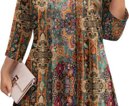 IN’VOLAND Plus Size Tops for Women 3/4 Sleeve Shirts Tunic Tops to Wear with Leggings Loose Fit Summer Fall Clothes