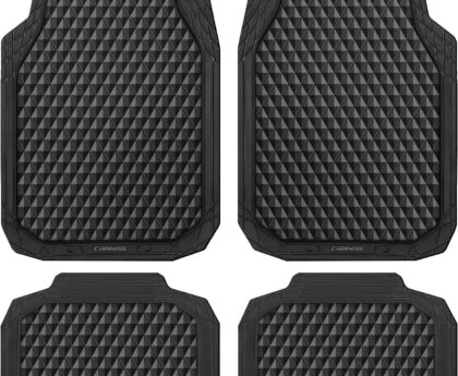 CAR PASS Black Rubber Car Mats, All-Weather Floor Mats Full Set Durable Anti-Slip 3D Rhombus Waterproof Automotive Pad Trim to Fit Liner Universal Fit for Sedan SUV Truck Van, 4 Pcs All Black Rubber