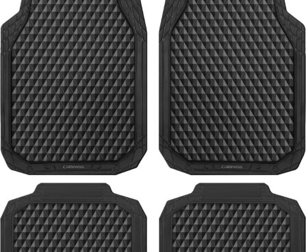 CAR PASS Black Rubber Car Mats, All-Weather Floor Mats Full Set Durable Anti-Slip 3D Rhombus Waterproof Automotive Pad Trim to Fit Liner Universal Fit for Sedan SUV Truck Van, 4 Pcs All Black Rubber