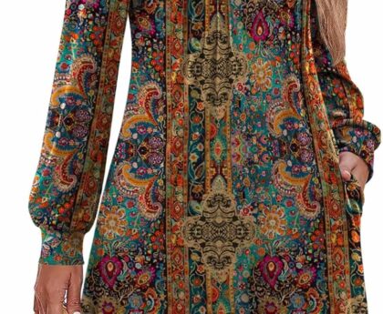 Zeagoo Fall Dresses for Women Long Sleeve Casual Pleated V Neck Dress 2025 A Line Tunic Dress