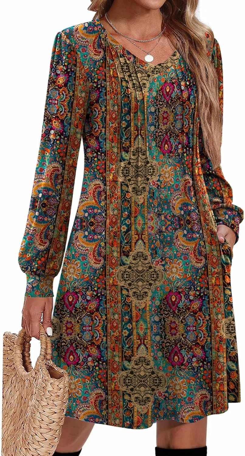 Zeagoo Fall Dresses for Women Long Sleeve Casual Pleated V Neck Dress 2025 A Line Tunic Dress