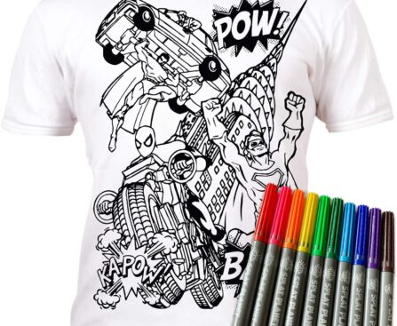 Splat Planet Color in Superhero T-Shirt with 10 Non-Toxic Washable Magic Markers – Color in and Wash Out T-Shirt