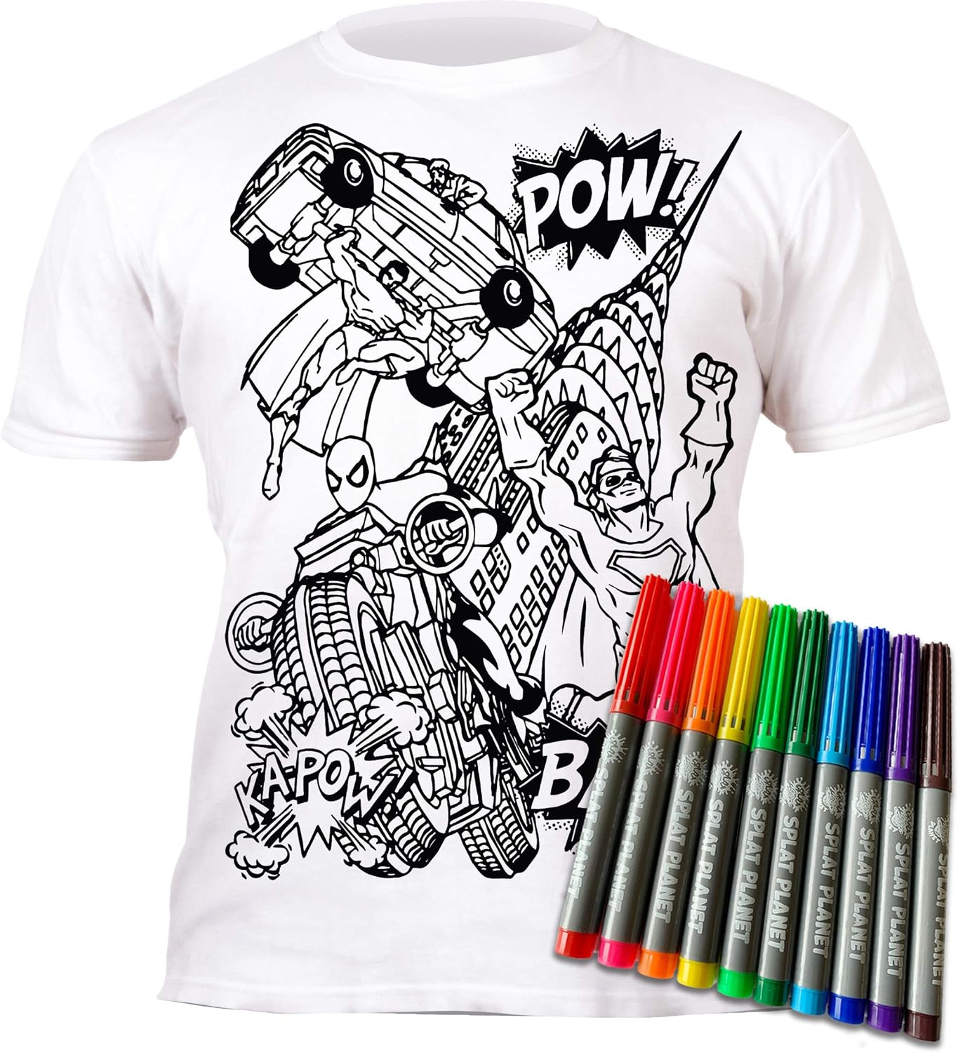 Splat Planet Color in Superhero T-Shirt with 10 Non-Toxic Washable Magic Markers – Color in and Wash Out T-Shirt